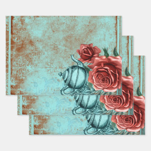 Feuille De Papier Cadeau Teapot floral turquoise