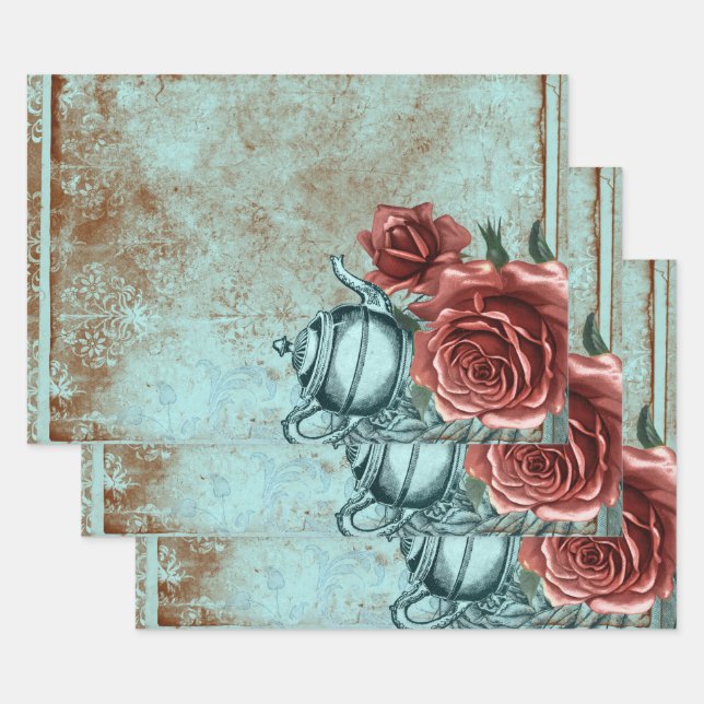 Feuille De Papier Cadeau Teapot floral turquoise (Lot)