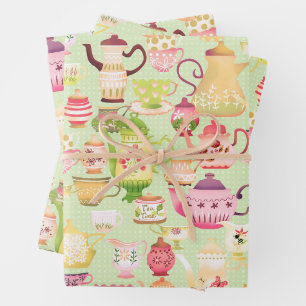 Feuille De Papier Cadeau Teapots et tasses vert