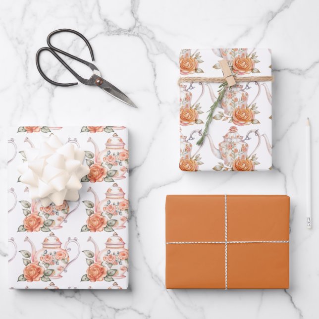 Feuille De Papier Cadeau Teapots orange Spring Tea Party et Roses (Recto)
