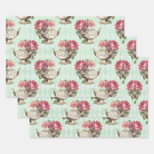 Feuille De Papier Cadeau Teapots vintages et Roses