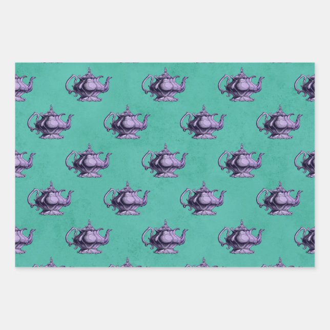 Feuille De Papier Cadeau Teapots violets sur le Turquoise (Devant)