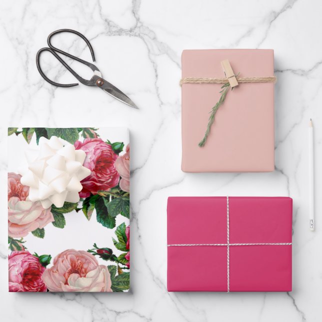 Feuille De Papier Cadeau Teinte brillante de fleur de rose rose  (Recto)