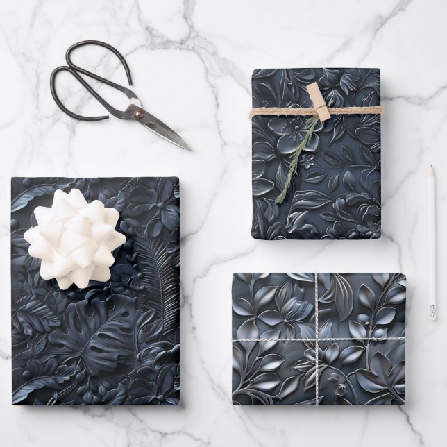 Feuille De Papier Cadeau Teintes de bleu marine embossées (Recto)