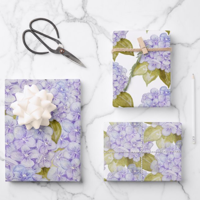 Feuille De Papier Cadeau Teintes d'hortensia violet bleu (Recto)