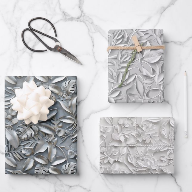 Feuille De Papier Cadeau Teintes grises argentées embossées (Recto)