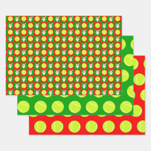 Feuille De Papier Cadeau Tennis Balls et Père Noël Rouge et Vert Noël