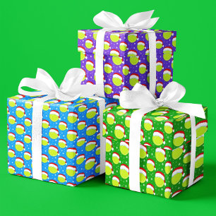 Feuille De Papier Cadeau Tennis Balls Père Noël Casquette et Snowflakes col