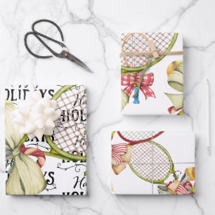 Feuille De Papier Cadeau Tennis Noël avec aquarelle raquette