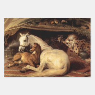 FEUILLE DE PAPIER CADEAU TENTE ARABE AVEC CHEVAUX, AUTRES ANIMAUX