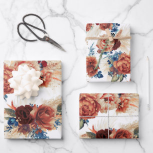 Feuille De Papier Cadeau Terracotta Fleurale Pampas Herbacée Bleu Marine Bo