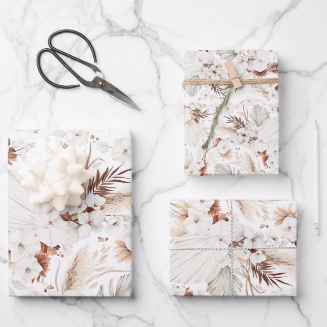 Feuille De Papier Cadeau Terracotta Fleurs Blanches Botanique Bohème Élégan (Recto)