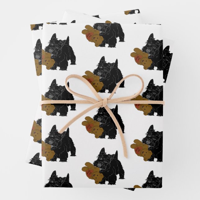 Feuille De Papier Cadeau Terrier Écossais avec Ours en Peluche (En situation)