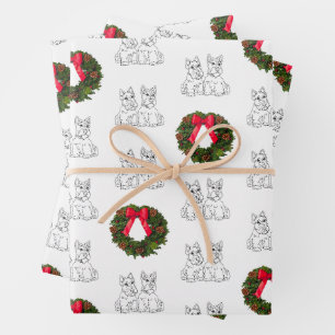Feuille De Papier Cadeau Terriers écossais avec couronne de Noël