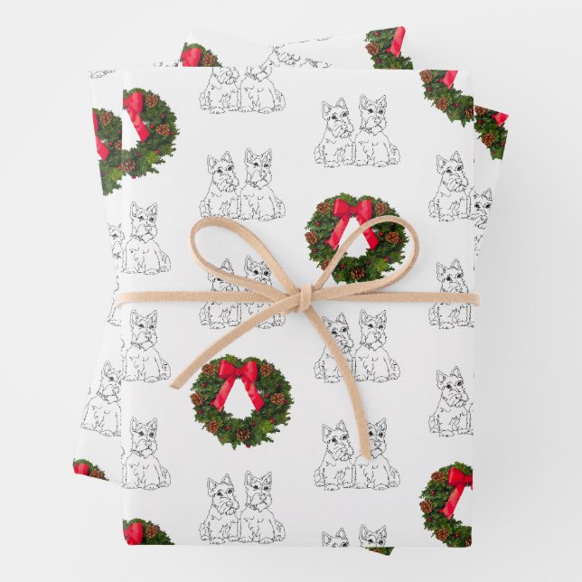 Feuille De Papier Cadeau Terriers écossais avec couronne de Noël (En situation)