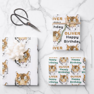 Feuille De Papier Cadeau Tête d'animal de tigre à l'aquarelle