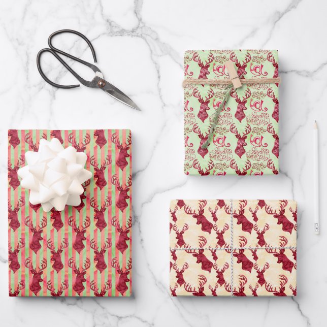Feuille De Papier Cadeau Tête de cerf rouge aquarelle (Recto)