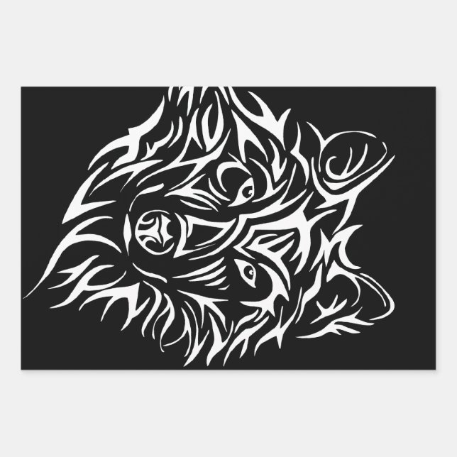 Feuille De Papier Cadeau Tête de loup blanc sur noir  (Devant)