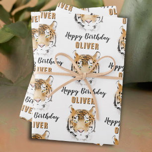 Feuille De Papier Cadeau Tête de tigre aquarelle animal joyeux anniversaire