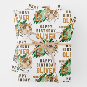 Feuille De Papier Cadeau Tête de Tigre Sauvage Aquarelle Anniversaire 