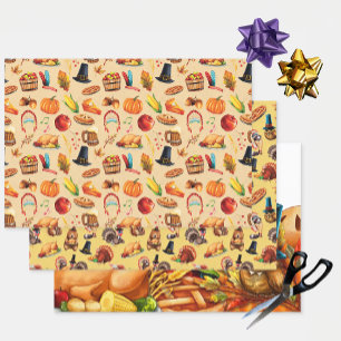 Feuille De Papier Cadeau Thanksgiving Automne Citrouille Pie Animaux