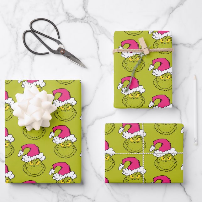 Feuille De Papier Cadeau The Grinch in Pink Santa Hat (Recto)
