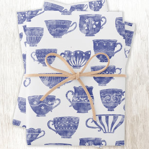 Feuille De Papier Cadeau Théière Antique Vintage Bleu Aquarelle
