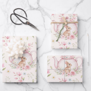 Feuille De Papier Cadeau Théière Fleur Rose Lapin Mignon 