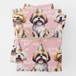 Feuille De Papier Cadeau Thème de chien Anniversaire fête rose
