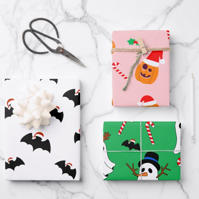 Feuille De Papier Cadeau Thème de mélange de Noël Halloween (Recto)