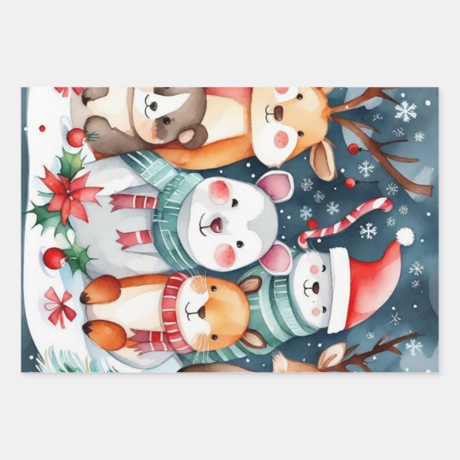 Feuille De Papier Cadeau Thème de Noël Animaux mignons (Devant)