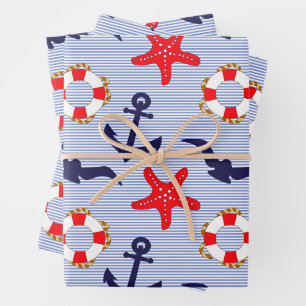 Feuille De Papier Cadeau Thème Nautique - Bouée de sauvetage, Étoile de mer