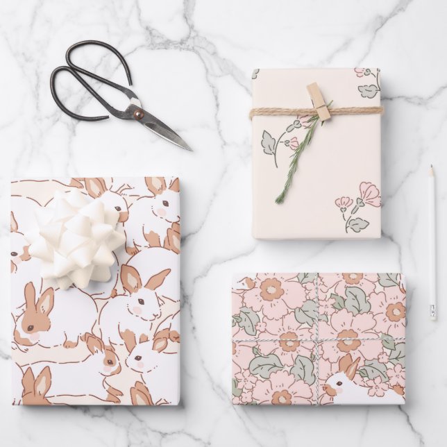 Feuille De Papier Cadeau Thème Pâques Floral Bunny Spring (Recto)
