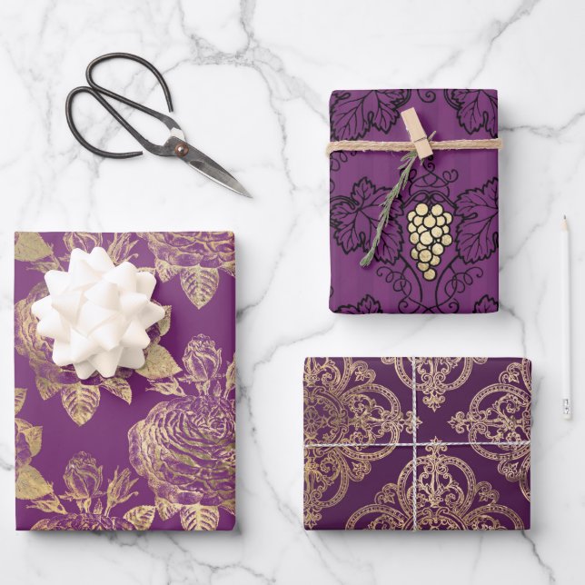 Feuille De Papier Cadeau Thème Purple and Gold Paris (Recto)