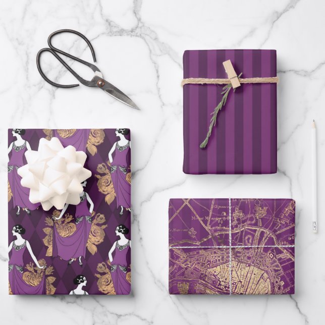 Feuille De Papier Cadeau Thème Purple and Gold Paris (Recto)