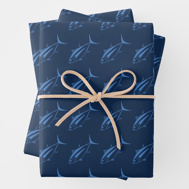 Feuille De Papier Cadeau Thon d'Albacore en mer Egée sur bleu marine en gra (En situation)
