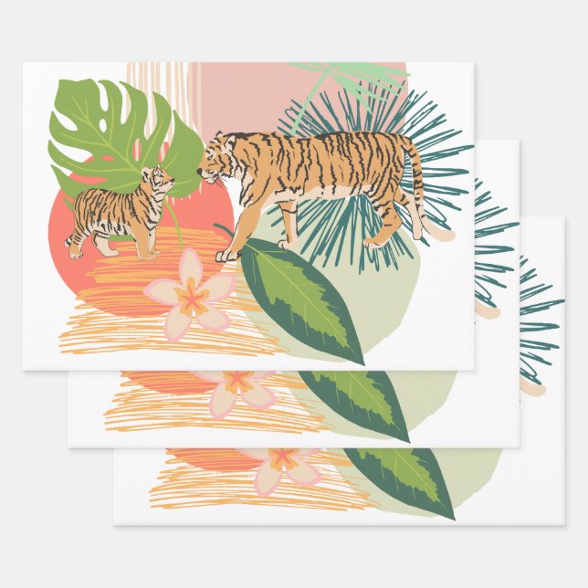 Feuille De Papier Cadeau Tiger Maman et bébé dans la jungle (Lot)