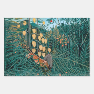Feuille De Papier Cadeau Tigre attaquant Bull dans une jungle tropicale exo