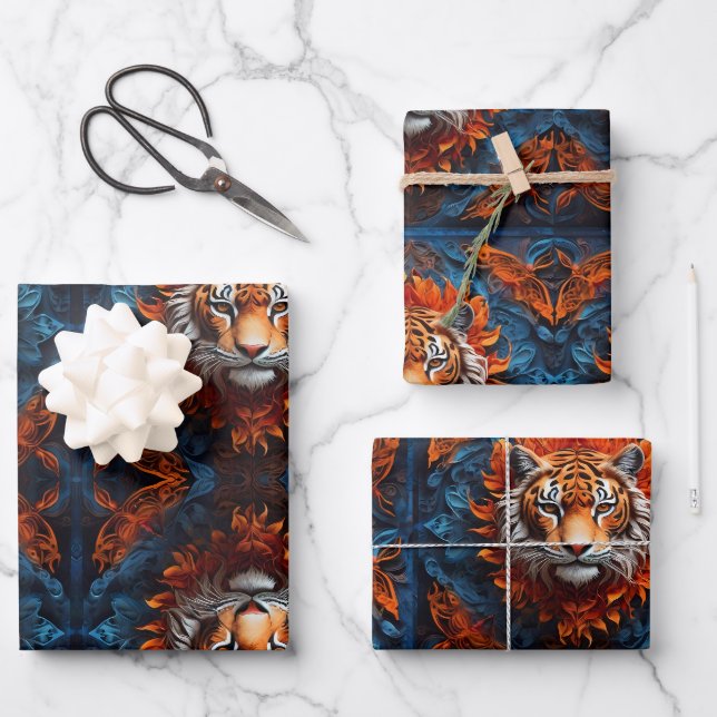 Feuille De Papier Cadeau Tigre vif aux motifs floraux (Recto)