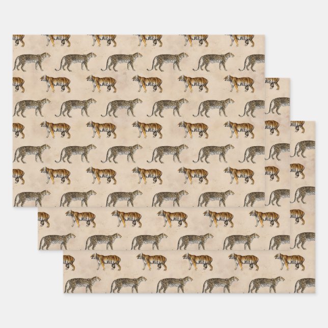 Feuille De Papier Cadeau Tigres et léopards sur Tan (Lot)