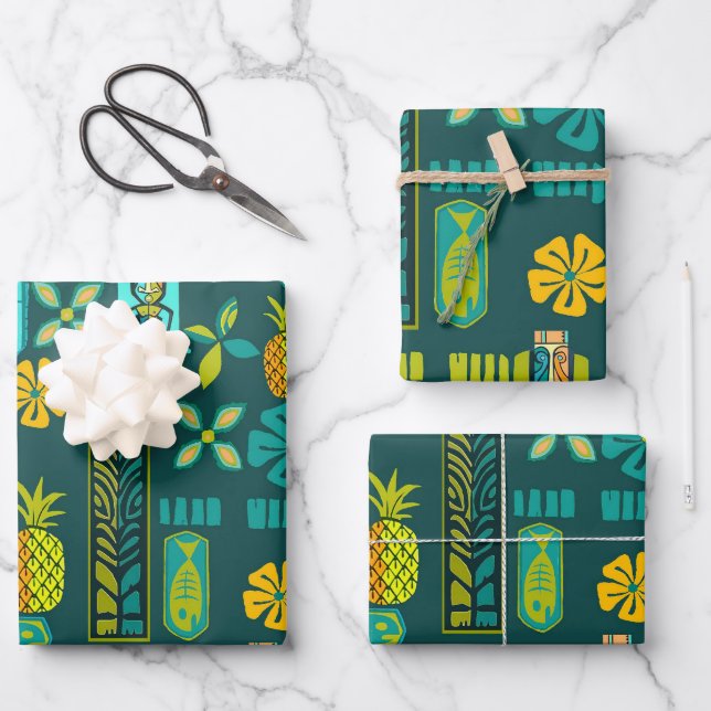 Feuille De Papier Cadeau Tiki hawaïen coloré et poissons (Recto)