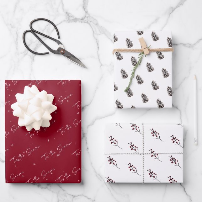 Feuille De Papier Cadeau 'Tis Season Pinecone Berry Motifs (Recto)