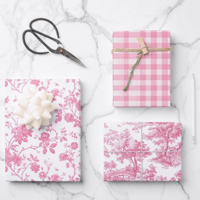 Feuille De Papier Cadeau Toile rose florale Chinoiserie (Recto)