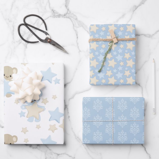 FEUILLE DE PAPIER CADEAU TONS DE BLEU & TAN NOUNOURS & ÉTOILES (Recto)