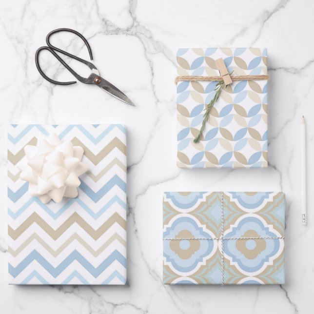 FEUILLE DE PAPIER CADEAU TONS DE MOTIFS BLEU & TAN (Recto)