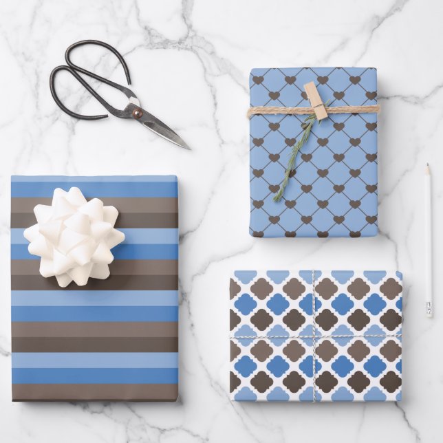 FEUILLE DE PAPIER CADEAU TONS DE MOTIFS BROWN & BLEU (Recto)
