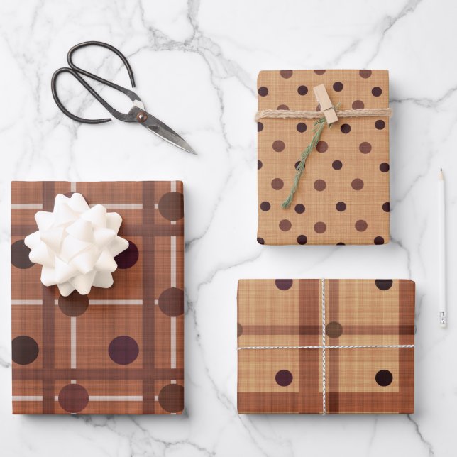 FEUILLE DE PAPIER CADEAU TONS DE POIS BROWN & BLANCS & PLAIDS (Recto)
