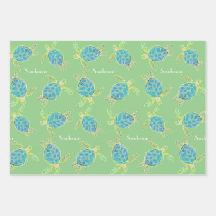 Feuille De Papier Cadeau Tortue côtière monogramme bleu jaune vert