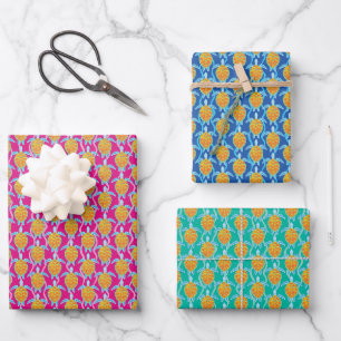 Feuille De Papier Cadeau Tortue de mer tropicale joueuse rose bleu et vert