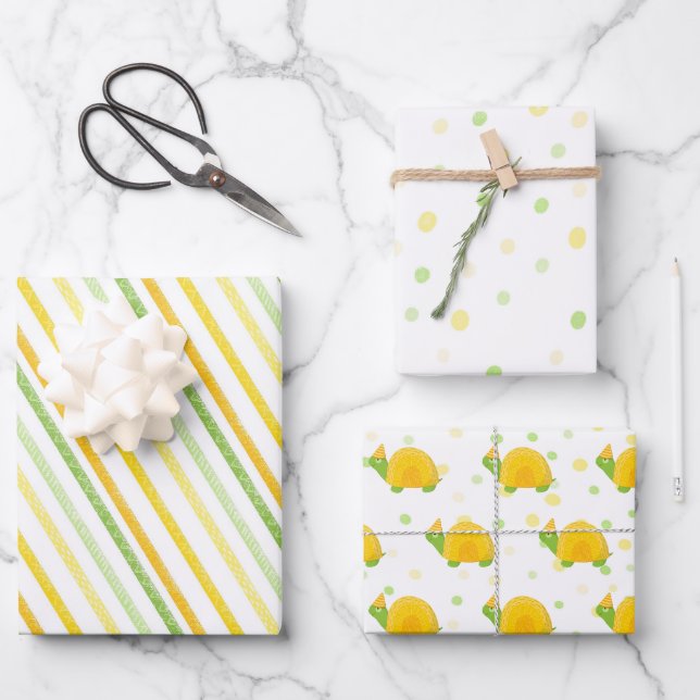 Feuille De Papier Cadeau Tortue, jaune vert, anniversaire d'enfant (Recto)